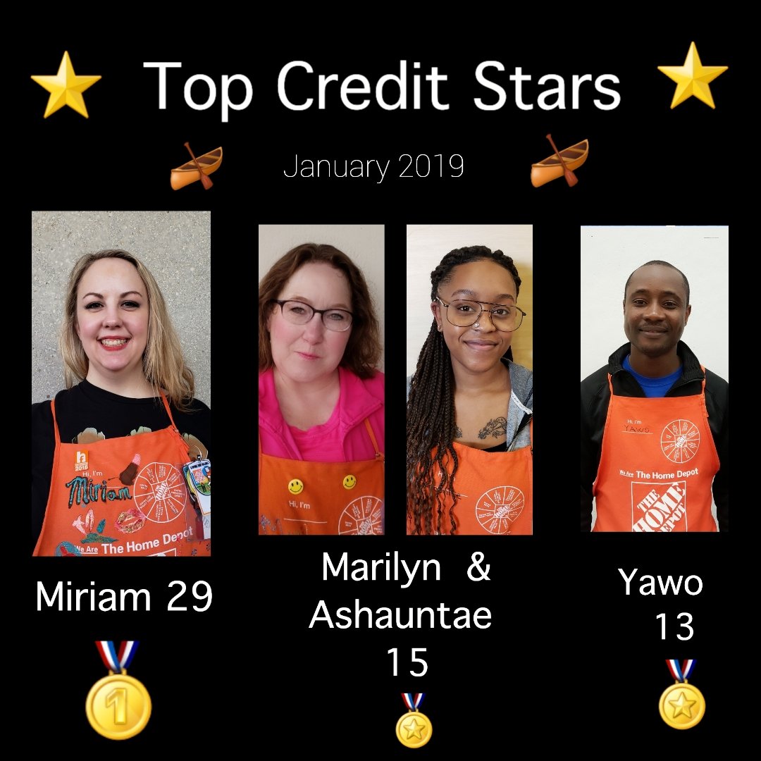 Brooklyn Park #2804 Top 3 Credit Stars for January! My new HC Ashauntae ends our FY in a tie with Marilyn! Excellent job team! Row The Boat!🛶🎉🎈🧡🏅🧡🛶🎈🏅🎉
<a href="/AngeliqueW_THD/">Angelique Wilson</a> <a href="/hepner_steve/">Steve Hepner</a> <a href="/chad_j_olson/">Chad Olson</a> <a href="/NateReger_THD/">Nate Reger</a> <a href="/kstolie/">Kstolie</a> <a href="/mjhertzfeld/">Morgan Hertzfeld</a> <a href="/kstolie/">Kstolie</a> @JoeNeuens