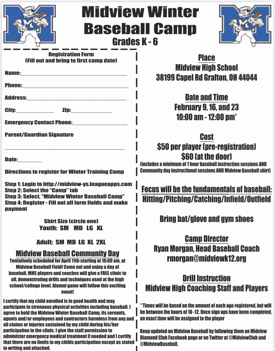 MidviewBaseball's tweet photo. Youth Camp starts this Sunday and runs for three weeks! You can still register online! 

Walk ups are welcomed! 

Grades 3-6 are 10:00 am - 11:00 am
Grades K-2 are 11:00 am - 12:00 pm

Don’t miss out on this opportunity to work with Midview coaches and players! Go Middies! https://t.co/cAwrfp8UV5
