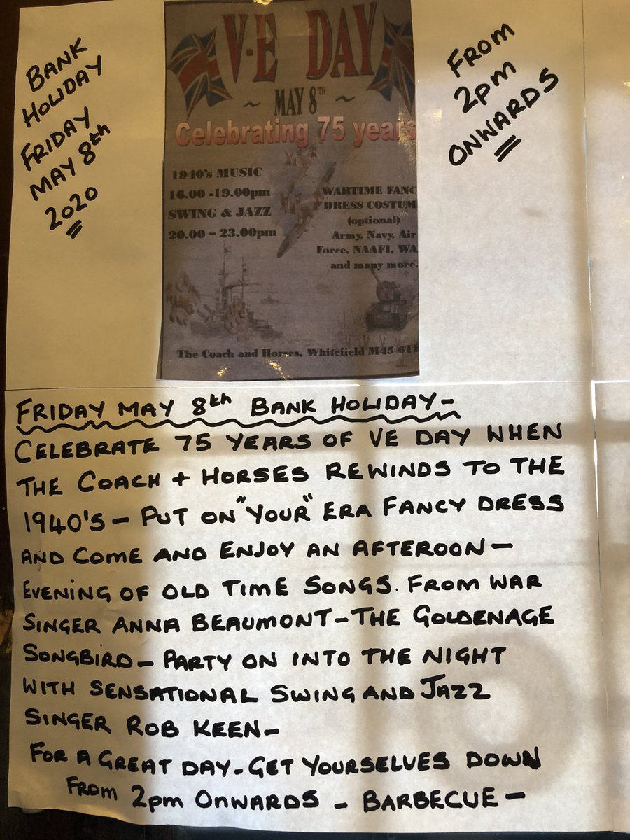 V.E. Day Bank holiday May 8th! Fancy dress and live music here! Step back in time to the 1940’s and join us... Come in fancy dress! We will also have a selection of army vehicles on display. BBQ too! 2pm onwards!