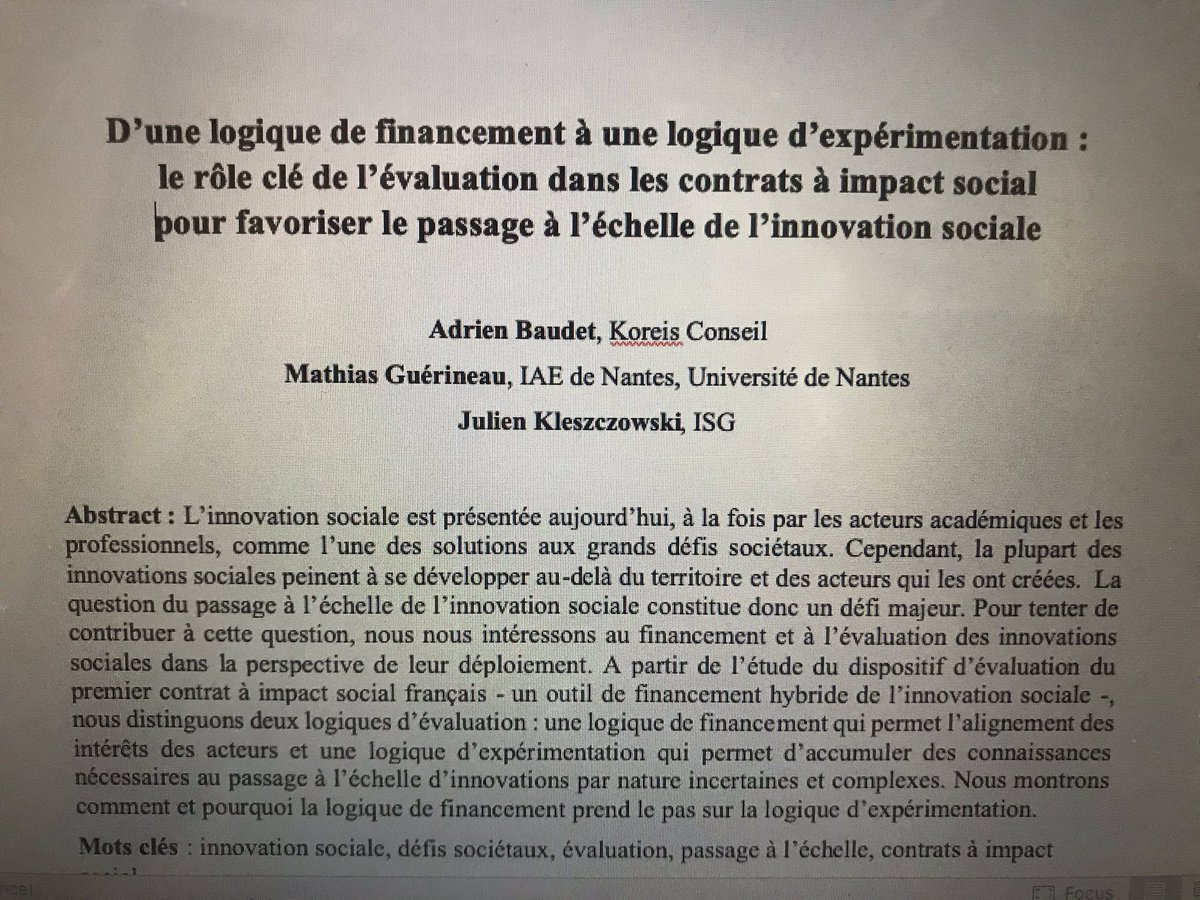 ISG Lab (@isg_lab) on Twitter photo Vous vous intéressez aux contrats à impact social ?
Les travaux de <a href="/KleszczowskiJ/">Kleszczowski Julien</a> , prof de contrôle <a href="/ISG/">ISG</a> , avec <a href="/Adrien_Bdt/">Adrien Baudet</a> et @MathiG0 sur l’évaluation de ces contrats et le passage à l’échelle de l’innovation sociale, sont faits pour vous !
#InnovationSociale Vous vous intéressez aux contrats à impact social ?
Les travaux de <a href="/KleszczowskiJ/">Kleszczowski Julien</a> , prof de contrôle <a href="/ISG/">ISG</a> , avec <a href="/Adrien_Bdt/">Adrien Baudet</a> et @MathiG0 sur l’évaluation de ces contrats et le passage à l’échelle de l’innovation sociale, sont faits pour vous !
#InnovationSociale