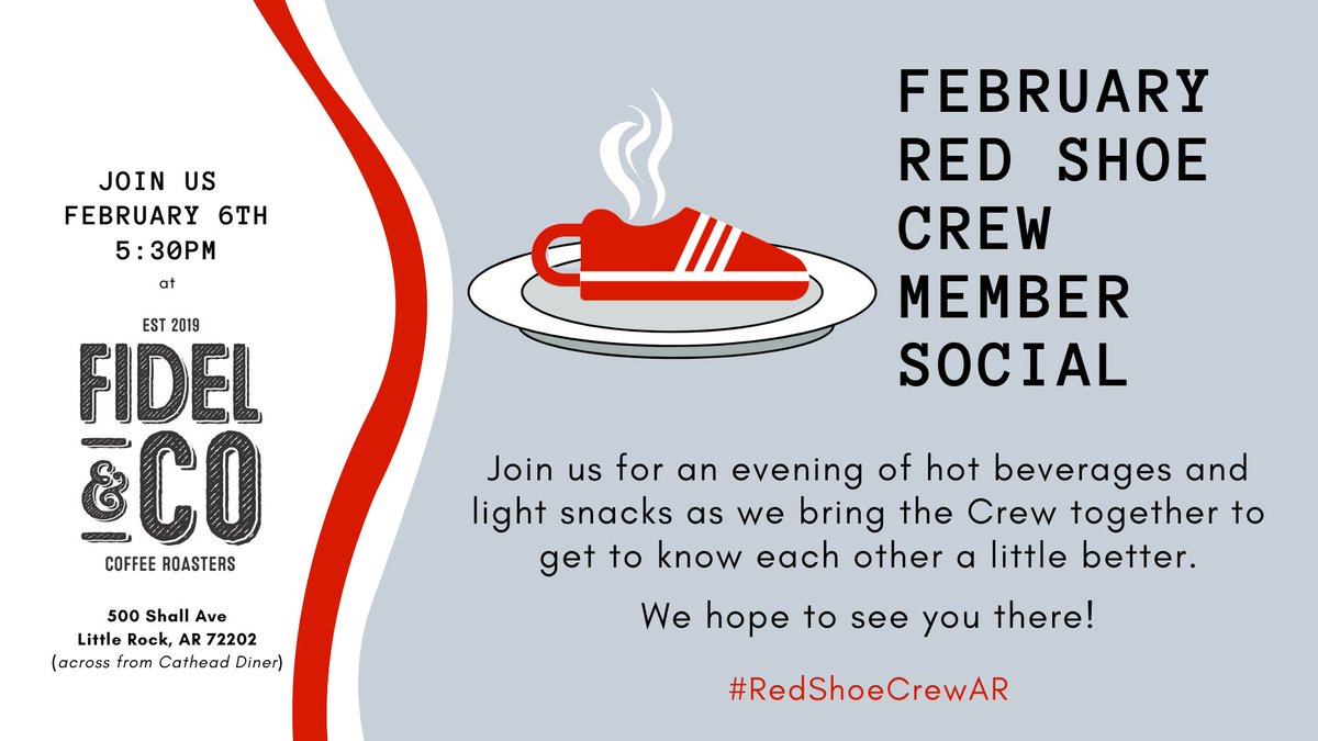 RedShoeCrewAR's tweet photo. Have you been curious about the Crew? Drop by for a little while this evening at @FidelandCo for a nice cup of coffee.☕️

#RedShoeCrewAR
#forRMHC https://t.co/pMRbrJf2Kb