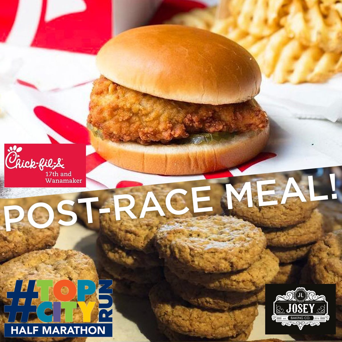 You guys!!! Our post-race meal is going to be awesome!! 🔥Many thanks to Chick-fil-A 17th and Wanamaker for donating chicken sandwiches for all finishers and volunteers!! And thank you to Josey Baking Co. for cookies! #topcityrun #willrunforfood
