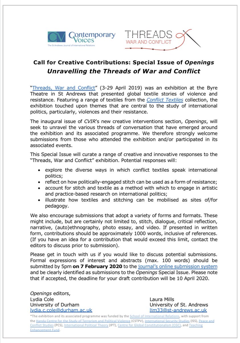Remember: submit your abstracts for creative contributions to the <a href="/Journal_CVIR/">Contemporary Voices</a> Openings Special Issue ‘Unravelling the Threads of War and Conflict’ by 5pm tomorrow 7 Feb! Access the online submissions portal here: cvir.st-andrews.ac.uk/about/submissi…. <a href="/LydiaCCole/">Lydia Cole</a> &amp; I can’t wait to read them!
