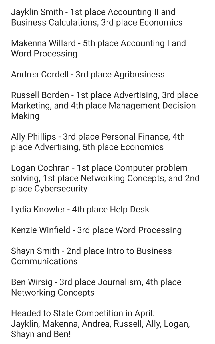 Drexel_FBLA's tweet photo. On Tuesday, our members traveled to UCM to compete at Districts and represented Drexel well! We are so proud of all of our members! Congratulations to the following members who placed in the top 5 of their events: https://t.co/ifAWLc2KRy