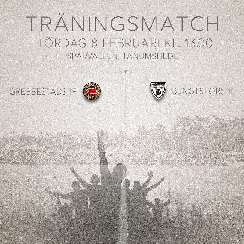 T R Ä N I N G S M A T C H #1
Nu rullar vi igång matcherna säsongen 2020. 
Vi möter <a href="/BengtsforsIF/">BengtsforsIF Herrlag</a>
nu på Lördag, 8 februari, kl. 13.00 på
Sparvallen, Tanumshede. Väl mött!
