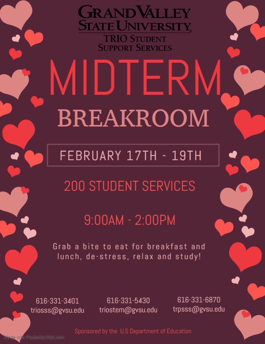 GVSUSSS's tweet photo. Need to de-stress for midterms? Feel free to come out to our midterm break room for food, relaxation, and study time, starting February 17th! #triosss #trioworks #triostem #trioteacherprep #trioworks https://t.co/NYzzJv1H6S
