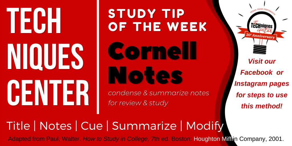 TECHniquesTTU's tweet photo. Here is this week's Study Tip of the Week - a day late.  Visit our Facebook / Instagram posts to learn how to use the Cornell Notes method for note-taking. 

#TECHniquesTTU #TECHniquesCenter #CornellNotes #TexasTech #TTU_SDS https://t.co/qWSly87VjB