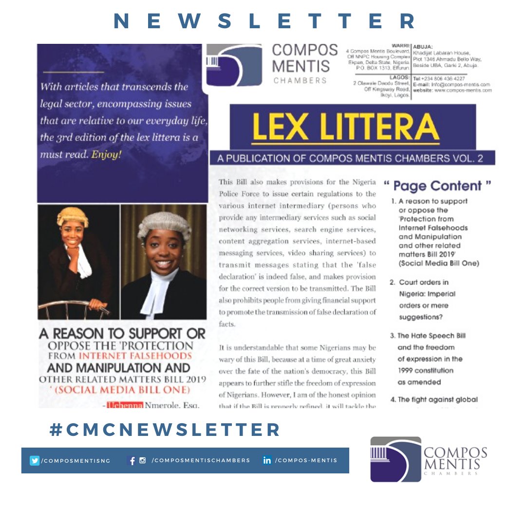 composmentisng's tweet photo. Lex Littera 3rd Edition Volume 2 Newsletter is now available for download.

Click: https://t.co/t36W2ICXyu to read.

#ComposMentisChambers #CMCNewsLetter #Lawyer #Legal https://t.co/bssHmftRHF