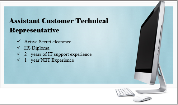 DigiconRocks's tweet photo. Digital Consultants LLC is currently hiring for an Assistant Customer Technical Representative in Quantico, VA! This is a great entry level opportunity for individuals transitioning out of the military.
If interested, APPLY TODAY @ https://t.co/7MHmOtO0kL!! #DigiConRocks https://t.co/3tJ97qye4o