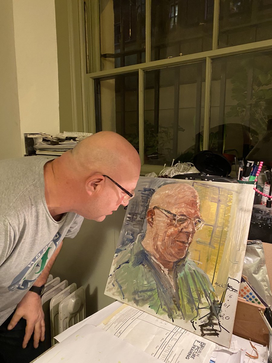 I dropped into the studio of my old buddy Brian Palm in his studio on Pearse Street two weeks ago. One thing led to another and I painted him before I left using his materials. He is examining the results! #oilpainting #DublinCentral