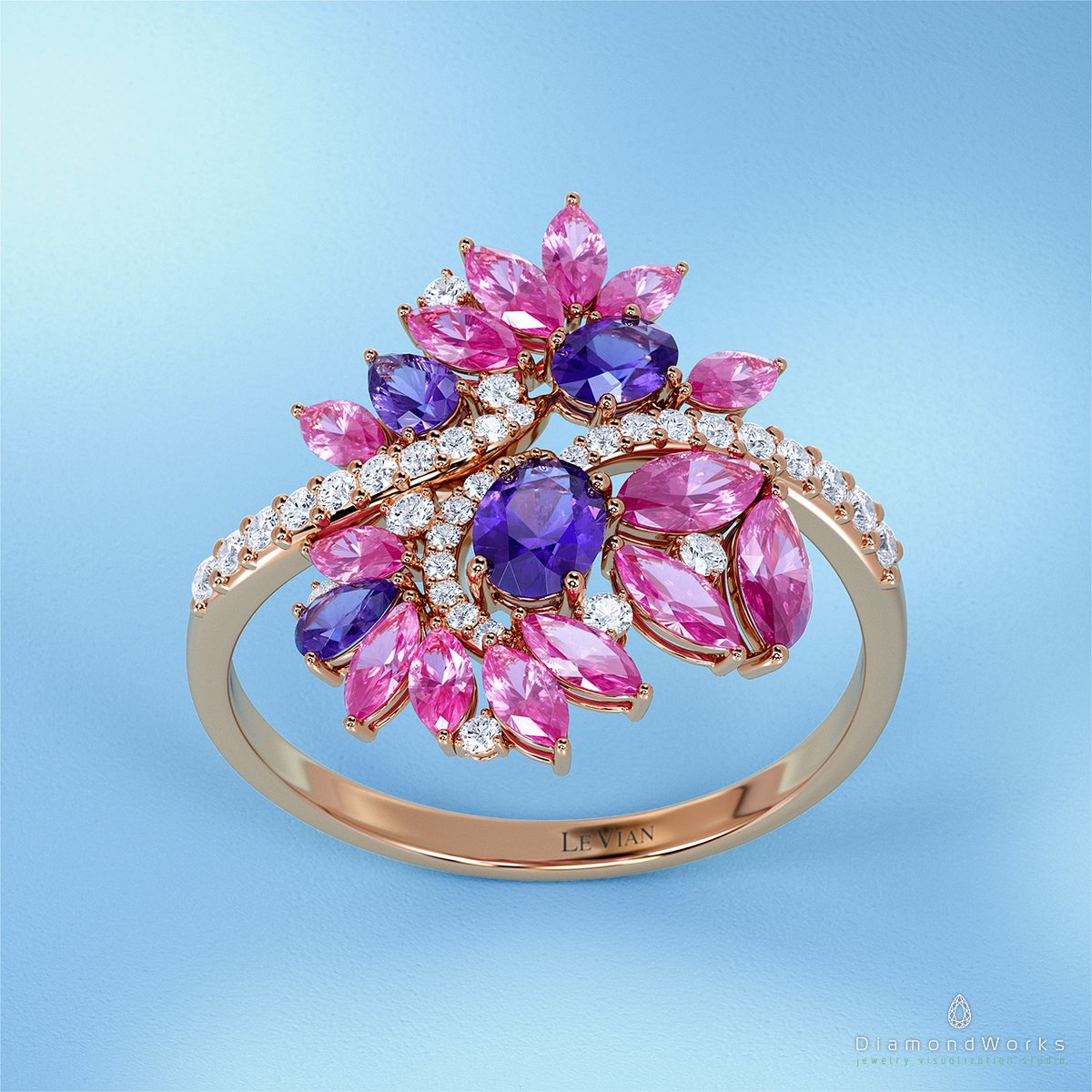 diamondworkscom's tweet photo. Colorful, vivid and such spring visualization of the rose gold ring with pink tourmaline, amethyst, and diamonds.

#diamondworks #jewelryvisualization #3djewelry
#render #jewellery #ringrendering #cadjewelry #virtualjewelry #jeweleryanimation #diamondring https://t.co/IPJsg4XIKK