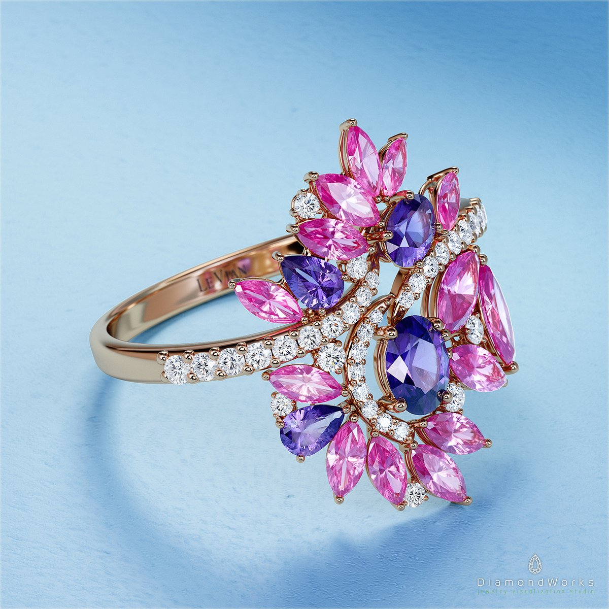 diamondworkscom's tweet photo. Colorful, vivid and such spring visualization of the rose gold ring with pink tourmaline, amethyst, and diamonds.

#diamondworks #jewelryvisualization #3djewelry
#render #jewellery #ringrendering #cadjewelry #virtualjewelry #jeweleryanimation #diamondring https://t.co/IPJsg4XIKK