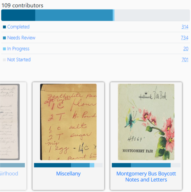 Screenshot of crowdsourcing campaign for the Rosa Parks Papers showing that 314 pages have been completed, 734 need review, 20 are in progress and only 701 are not started. Image also shows thumbnails for parts of the Parks project including a recipe and a date book with a flowered cover.
