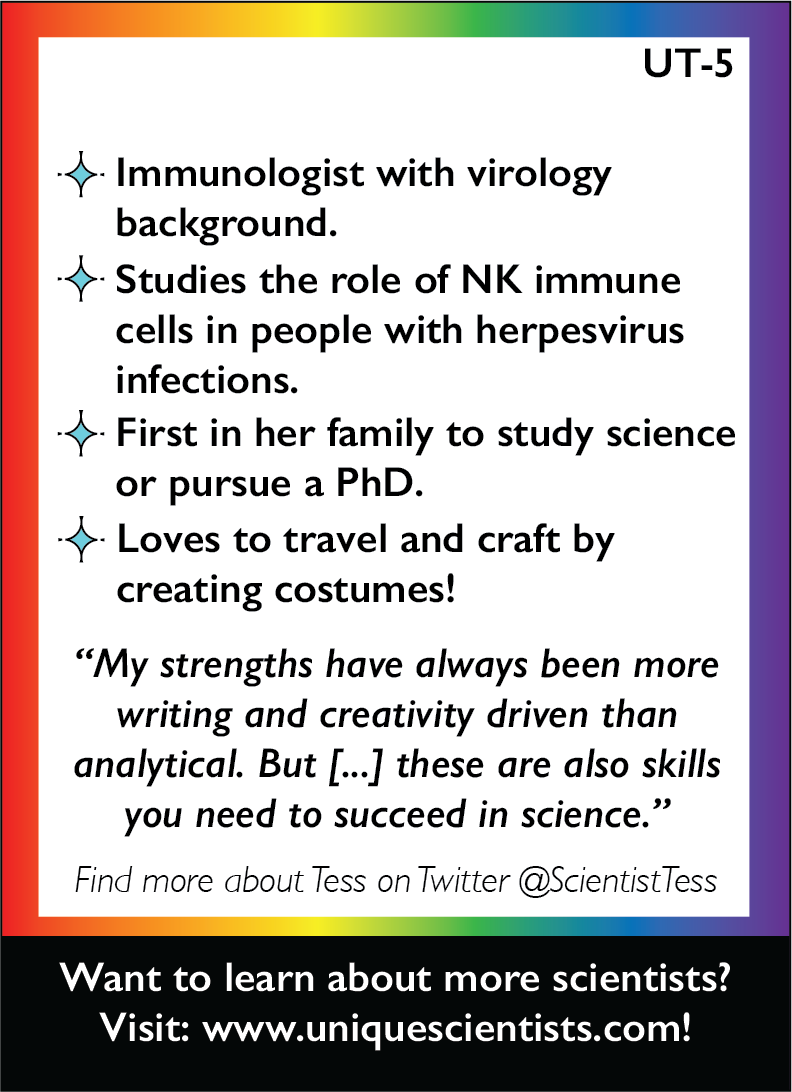 Also_AScientist's tweet photo. Happy #UniqueTBT everyone! ๐๐
Today we look back at one of our original #UniqueTeam members, Dr. Tessa Campbell (@ScientistTess)!
Tess is an immunologist with virology background and also loves being crafty by creating costumes!
โจhttps://t.co/l3NR2R5qvvโจ https://t.co/rJg5FRhBp2