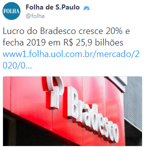 print de manchete: lucro do bradesco cresce 20% e fecha 2019 em 25,9 bilhões