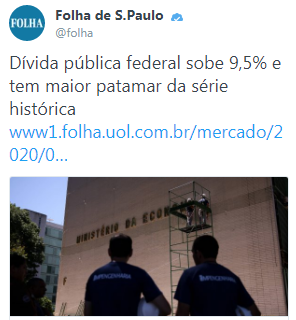 print de manchete: dívida pública federal sobe 9,5% e tem maior patamar da série histórica