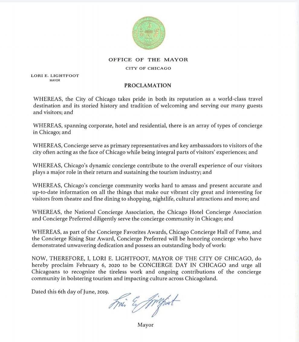 AskCHCA's tweet photo. Itβs #ConciergeDay in the city of Chicago, as proclaimed by @ChicagosMayor Lightfoot! Today we celebrate our hospitality colleagues and distinguished vendors who support the concierge community day in and day out. We canβt thank you enough for helping to make Chicago shine! https://t.co/6WmMTNQtCA