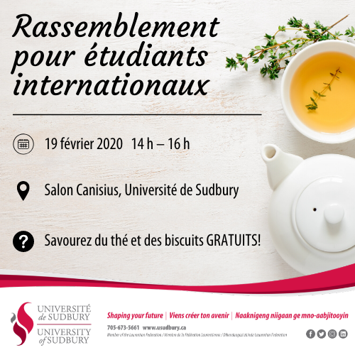 UdeSudbury's tweet photo. We invite all international students still on campus during study week to come and enjoy some FREE cookies and tea!☕🍪 @globalLU 
***
On invite les étudiants internationaux qui sont toujours sur campus pendant la semaine d’étude à venir savourer du thé et des biscuits GRATUITS! https://t.co/B2jsAtv1AJ