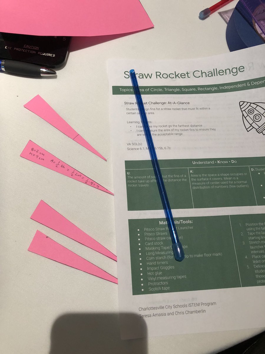 RyanFoster25's tweet photo. Straw rockets design challenge- using my knowledge of area of right triangles to engineer a rocket to travel the furthest distance. Lots of scientific inquiry, data analysis, and FME concepts. #VCEC20 @childengineer https://t.co/UCBdh6w7ej