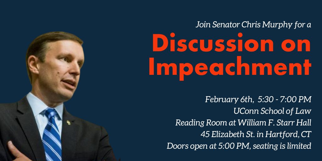 ChrisMurphyCT's tweet photo. Only a few seats left for my speech at @UConnLaw tonight putting the impeachment trial into context. Stop by or watch the livestream at https://t.co/ZR8BO7JipW https://t.co/aoasevUPk5