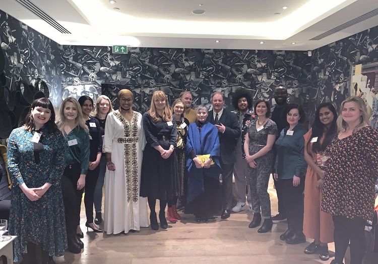 L-R Kim Hillyard, Catherine Doyle, Rashmi Sirdeshpande, Hana Tooke, Yassmin Abdel-Magied, Daisy Upton, Francesca Dow, Stuart Heritage, Clare Morpurgo, Michael Morpurgo, Nathan Bryon, Nicola Slater, Dapo Adeola, Kat Ellis, Manjeet Mann and Molly Oldfield