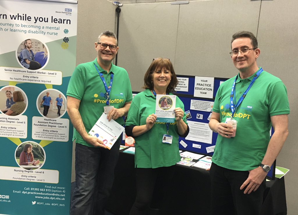 PaulB_DPT's tweet photo. @DPT_NHS, a busy time promoting our #apprenticeships clinical and non-clinical opportunities at the #NAW2020 #FireItUp @ExeterCollege #ExeExpo in the College Sports Hall. Find us next to @ProudtoCare and @RDECareer stands - we’re here until 6.#Nursing #mentalhealth https://t.co/RrjFdadjni