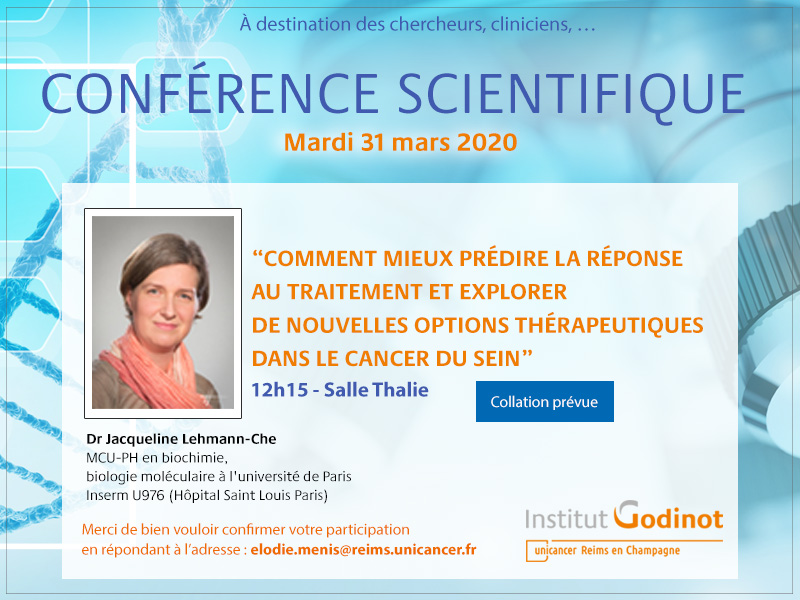 Séminaire scientifique 👨‍⚕️🔬🧪 Mardi 31 mars 2020 

Nous aurons le plaisir d'accueillir la Dr Lehmann-Che qui prendra la parole sur : "Comment mieux prédire la réponse au traitement et explorer de nouvelles options thérapeutiques dans le cancer du sein"
bit.ly/2vYsZy5