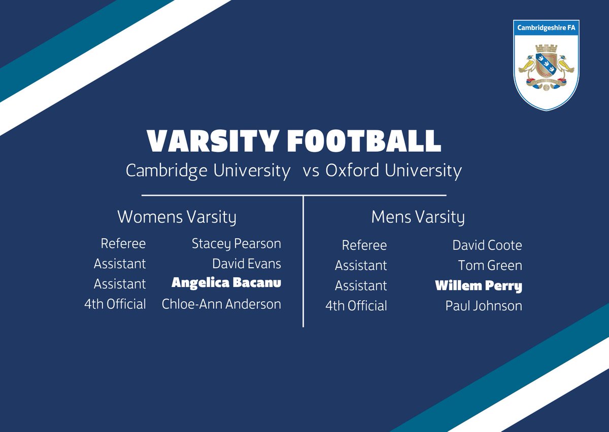 CambsFAReferees's tweet photo. Varsity Football | Congratulations to @BacanuAngelica and @WillemPerry on their appointments to the Cambridge University vs Oxford University Varsity at @BarnetFC https://t.co/Jy5h1Wzysf