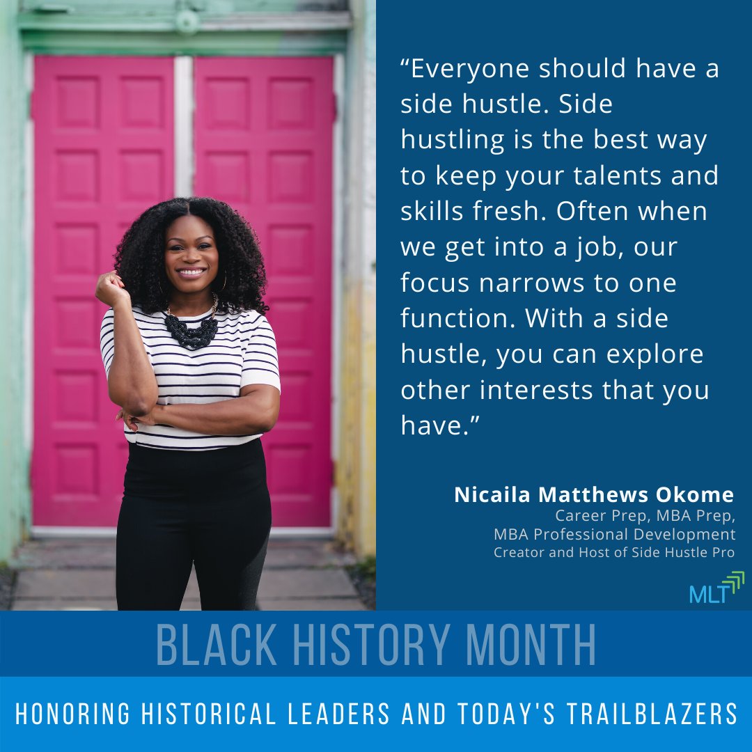 MLTOrg's tweet photo. Nicaila Matthews Okome is an #MLTRisingLeader making history right now with @SideHustlePro. Her podcast spotlights Black women who’ve converted their side hustles into profitable businesses. #BlackHistoryMonth
https://t.co/4tCMKEVsv2 https://t.co/nRttULfnX0