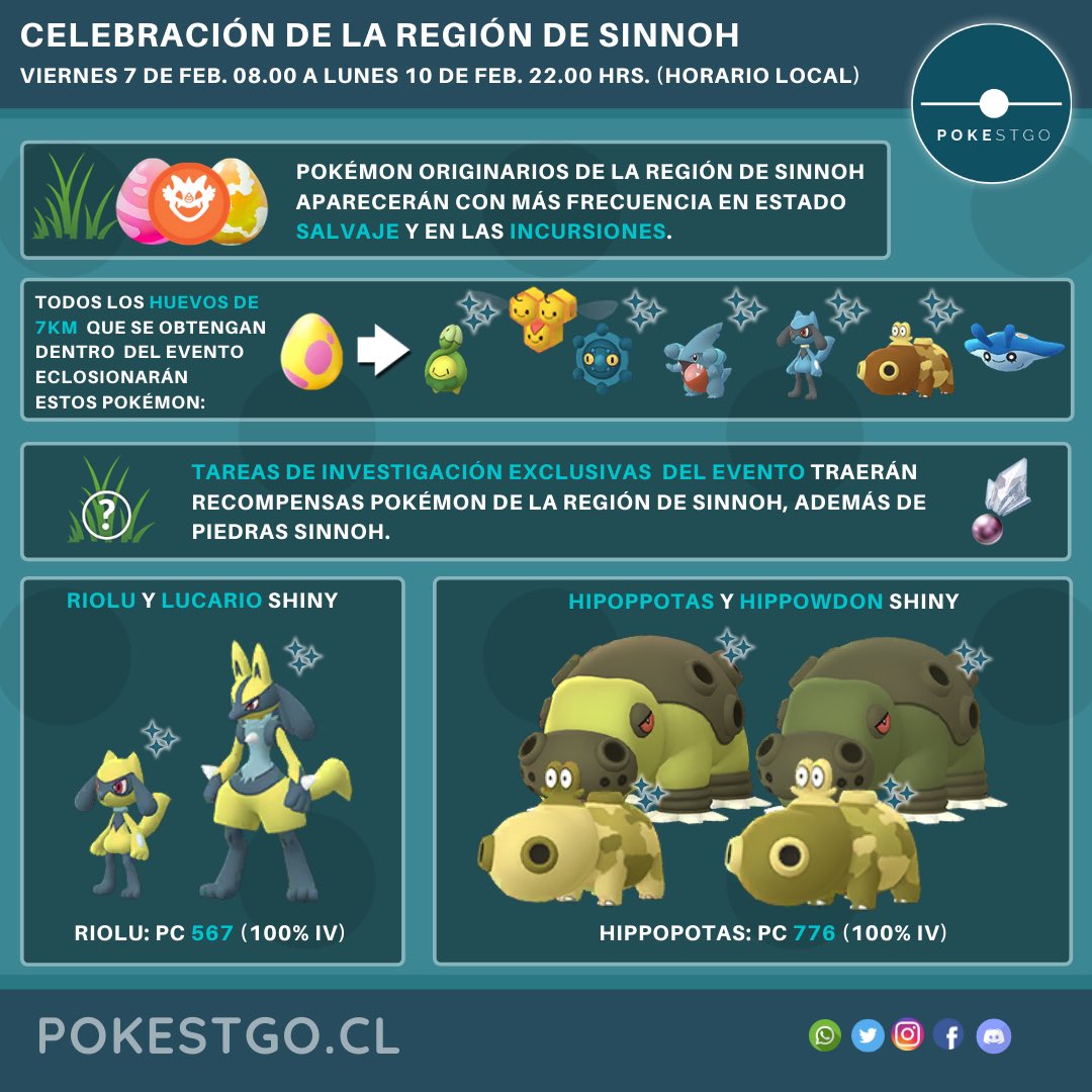 pokestgo's tweet photo. La celebración de la región de Sinnoh llegará mañana viernes 7 de febrero desde las 08:00 hrs. hasta el lunes 10 de feb. 22:00 hrs. (horario local).

Te dejamos la información en esta infografía.

#PokemonGO #Pokestgo https://t.co/OqK6abZ4Oe