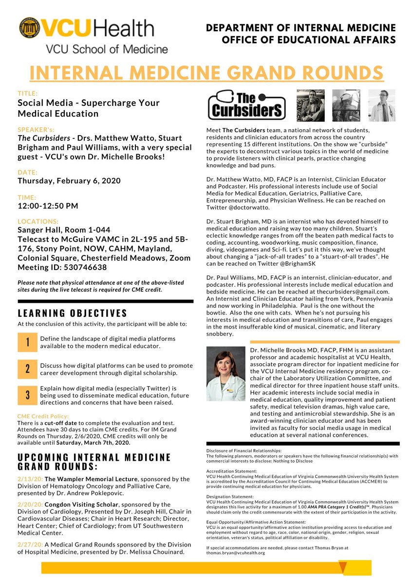 michellebr00ks's tweet photo. T-55 minutes until @VCUInternalMed Grand Rounds! Who will be tweeting during this @thecurbsiders live podcast recording? @AudreyBJernigan @CarolMarceloMD @DrJaredDyer @cderekleiner @rvawellmd @VCU_IMRes @nchadha3 #SoMe #SoMeDocs #MedEd https://t.co/M6Vnh42uLK