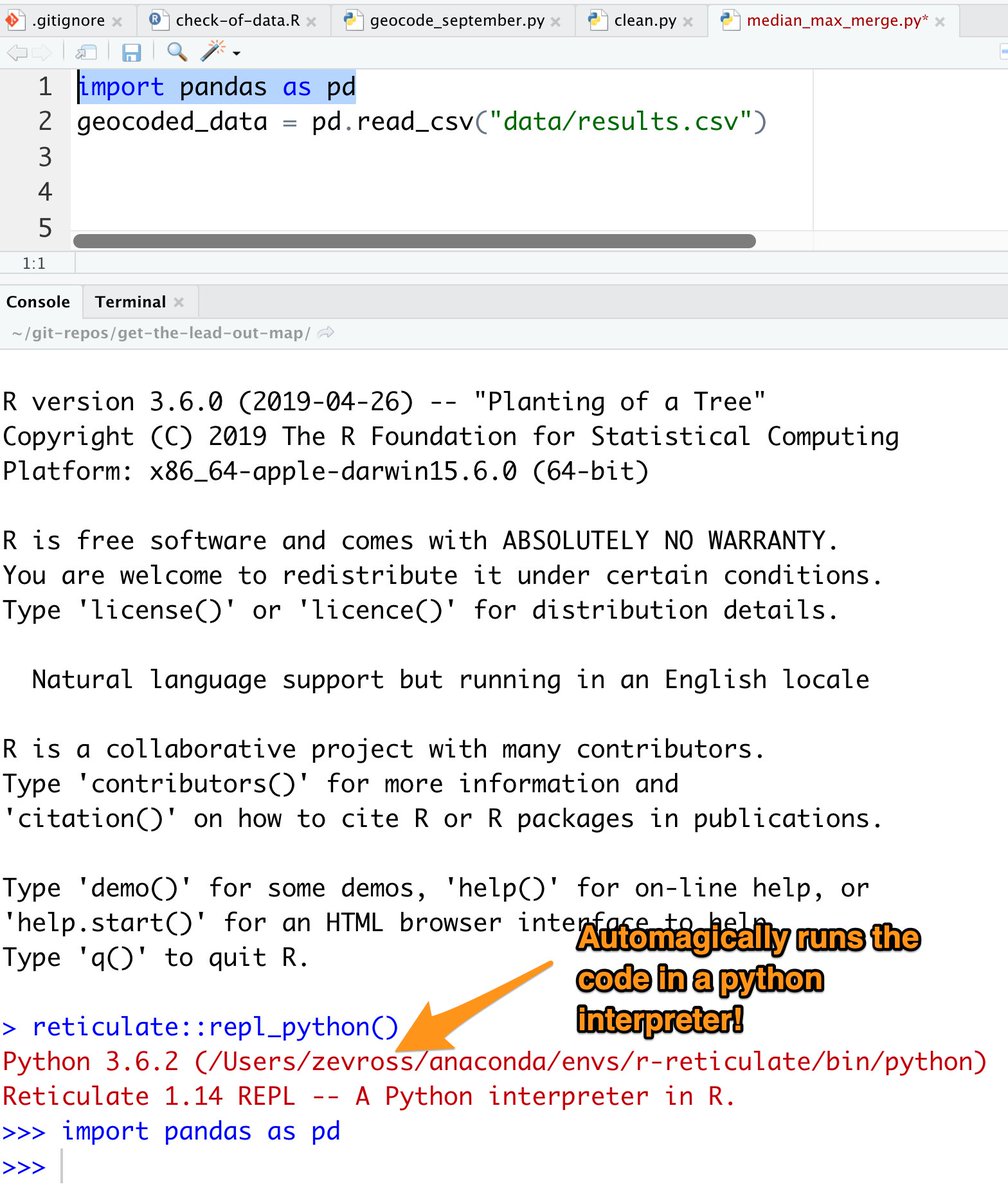 zevross's tweet photo. Wow, this is my first time using the python interpreter from within RStudio. It automatically moves between interpreters depending on the type of script you're running! #rstats + #python, very nice. https://t.co/aCRVIo5vTh