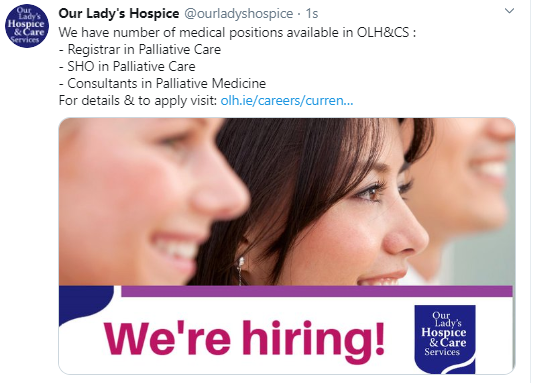 We have number of medical positions available in OLH&amp;CS :
- Registrar in Palliative Care
- SHO in Palliative Care
- Consultants in Palliative Medicine
For more details &amp; to apply visit olh.ie/careers/curren…