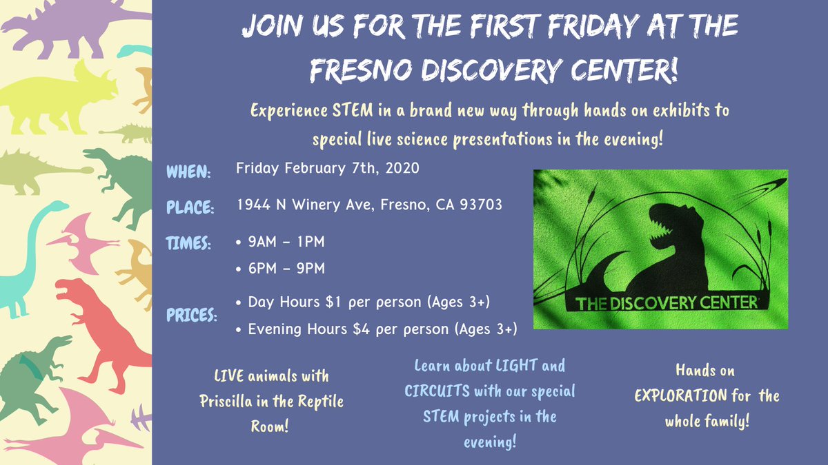Let’s get the word out! It’s the First Friday of the month for the Discovery Center! Come join us for some fun STEM activities for the whole family to enjoy!👩‍🔬🔭⚛️🦖👨‍💻 
#STEMeducation #funfriday #STEM #community #fresno