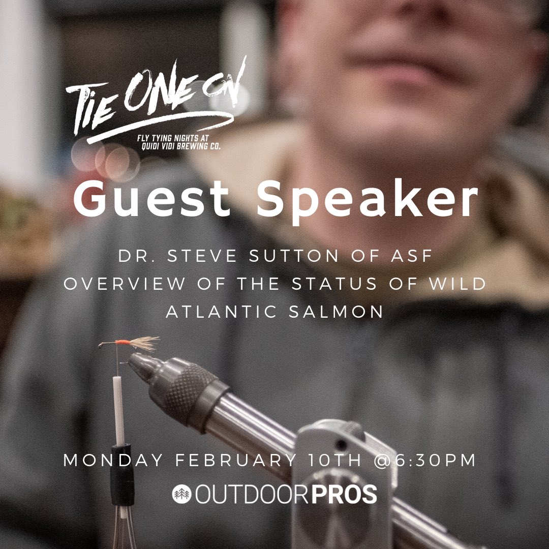 OutdoorProsCa's tweet photo. Join our #tieoneon Fly Tying Social @QuidiVidiBeer at 6:30pm this week to host Dr. Steve Sutton from the Atlantic Salmon Federation as he delivers an overview of the status of the Wild Atlantic Salmon.
- No Fee- Plenty of Parking
@AnthonyGermain @RamonaDearing https://t.co/2myKjP5FhM