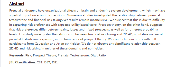 behavioral_kiel's tweet photo. Paper from our group on "#Risk Attitudes and #DigitRatio (2D:4D): Evidence From #ProspectTheory" forthcoming on Journal of Risk and #Uncertainty @SpringerNature . 👏@ProfDrDrSchmidt @LeventNeyse @Patrick__Ring 
 Read WP➡️https://t.co/CxQlSYFSLo #behavioraleconomics #experiment https://t.co/bDBttH1SzE