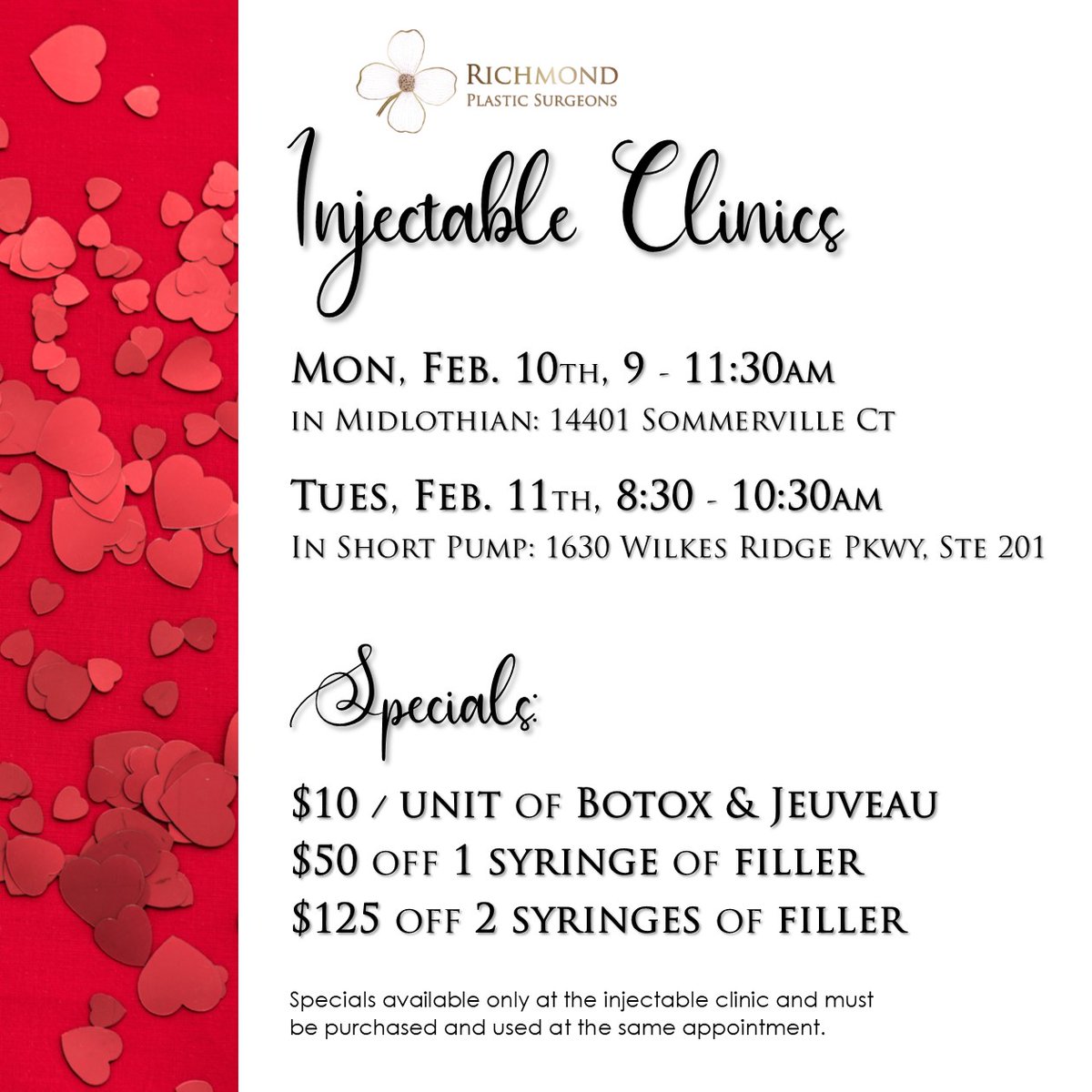 RPSRVA's tweet photo. Just a few spots left during our Injectable Clinics next week!

Mon. 2/10, 9-11:30am (Midlothian)
Tues. 2/11, 8:30 – 10:30am (Short Pump) 

$10 / unit for #Botox &amp; #Jeuveau
Fillers: $50 off 1 syringe, $125 off 2

Call 804.285.4115 
https://t.co/ueBhsWC1KU https://t.co/HViroSMgQ0
