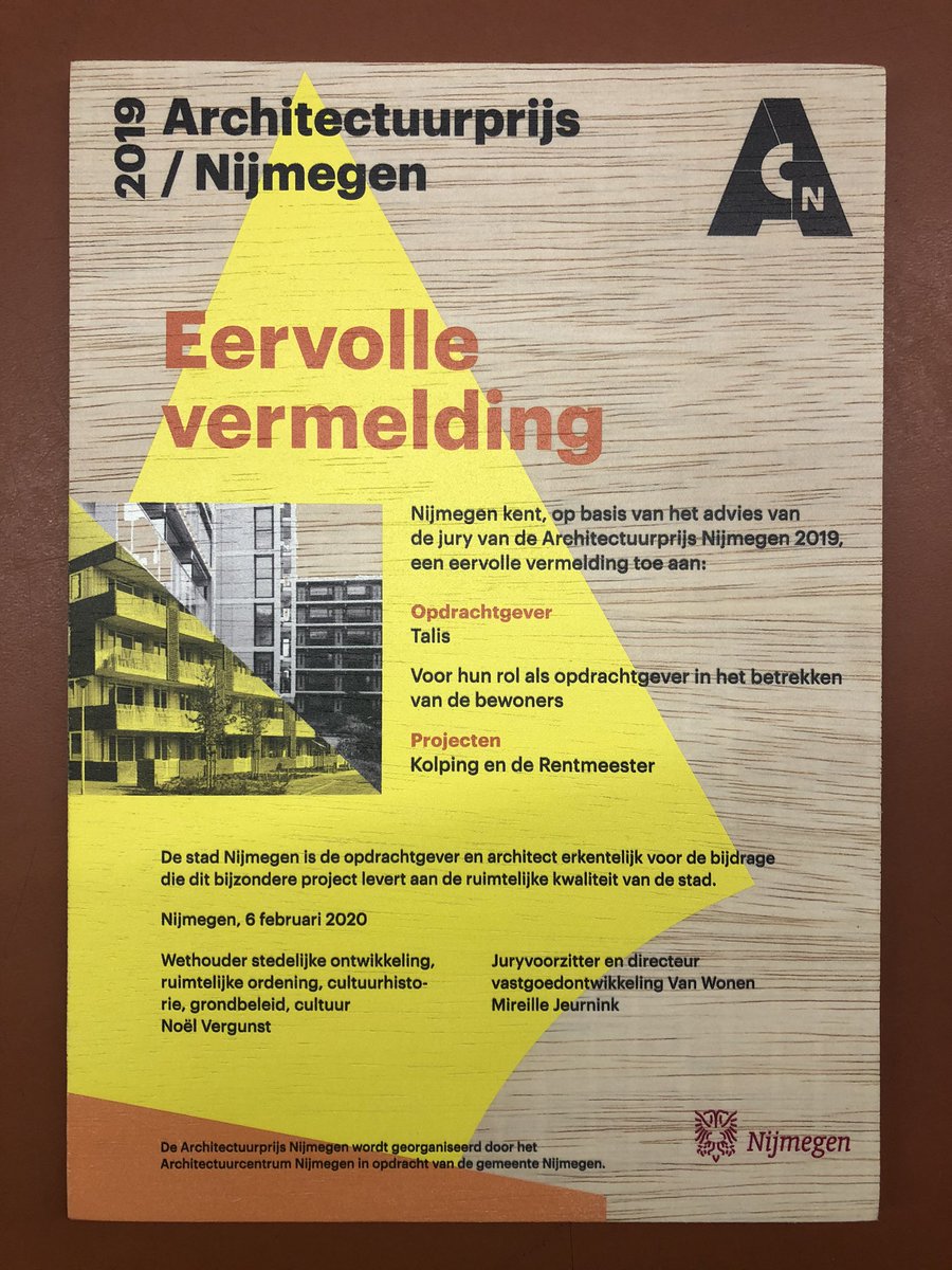 TalisTweet's tweet photo. We hebben een eervolle vermelding gekregen bij de Architectuur Prijs van @ACNijmegen! Voor het betrekken van bewoners. Dát is nou waar wij voor bestaan! Dank aan architecten @HoogteTwee en Pieter Oosterhout, en @HendriksBO en @Nijhuis_Bouw, en natuurlijk aan de bewoners zelf! https://t.co/KRCSSADhMZ