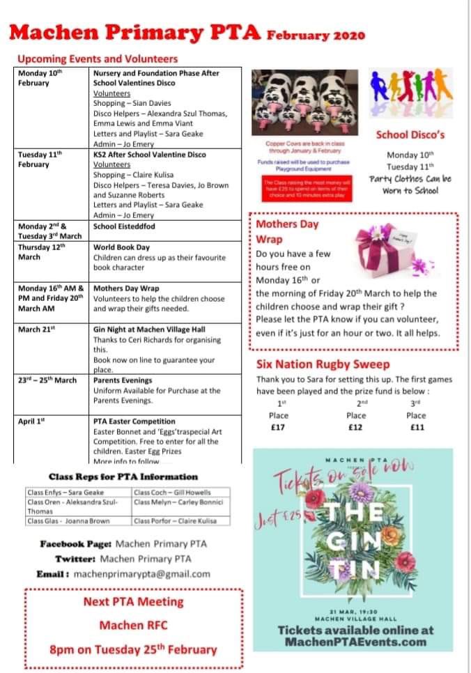 Feb 2020 PTA Newsletter...
Highlights : 
Valentines Disco's Monday and Tuesday. 
Gin Night tickets now on sale
Mothers Day Wrap Volunteers needed.@machenprimary @Stephen_Machen <a href="/MachenLibrary/">Machen Library</a>
