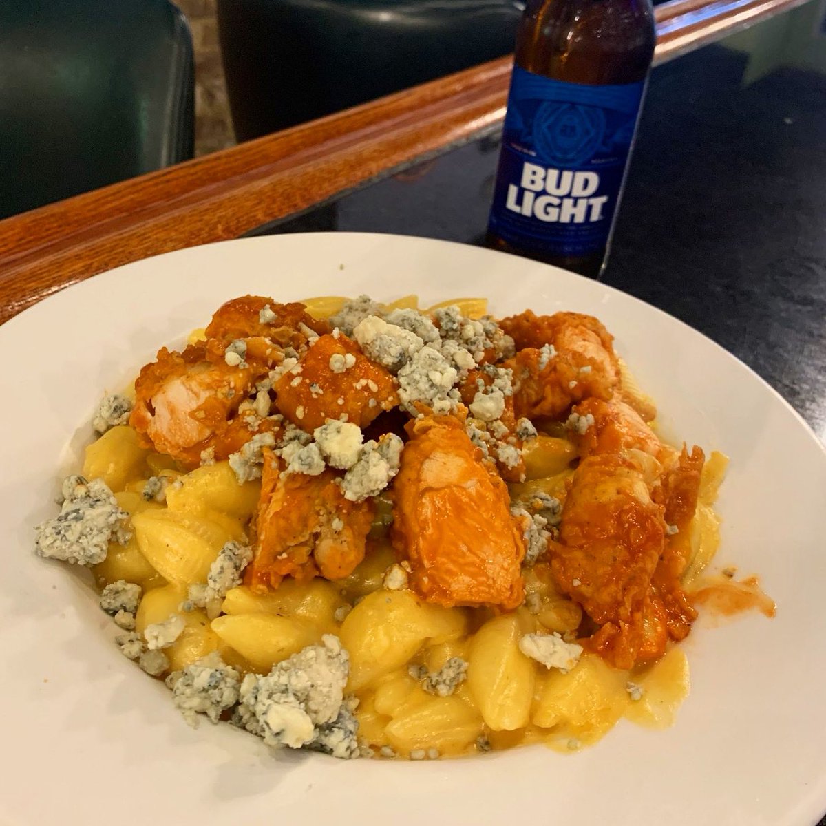 BFC MAC &amp; CHEESE — creamy Mac and cheese topped with buffalo chicken and bleu cheese crumbles $11.99