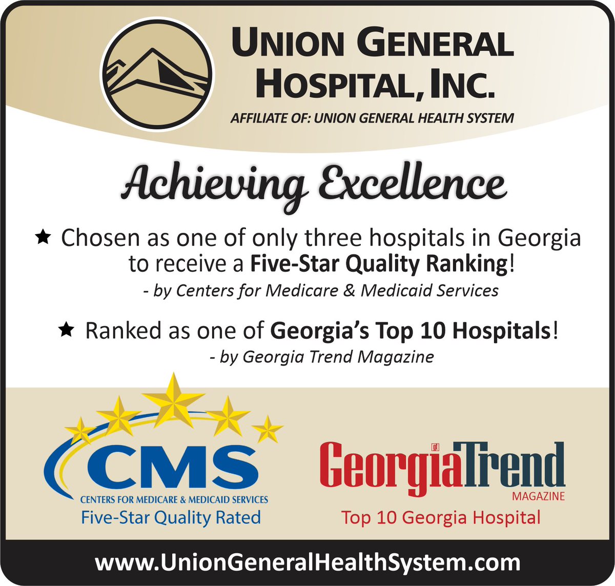 We're very excited to announce that we received five stars from the Centers for Medicare &amp; Medicaid Services (CMS) in their 2020 Overall Hospital Quality Star Rating and we were named one of Georgia's Top 10 hospitals by Georgia Trend magazine!