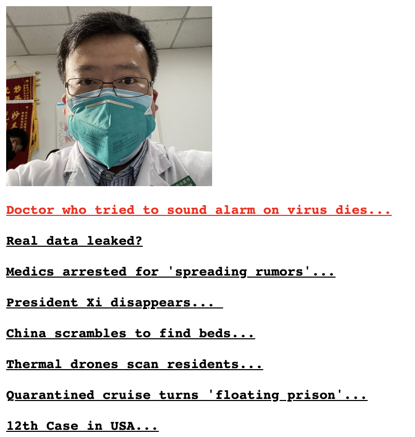 One way to track how  #coronavirus saga is going to figure in American media outlets is to see what kind of play  @drudge gives it. Even now, his display and emphases guide many editors and reporters across the country. Here's this morning's page and play.