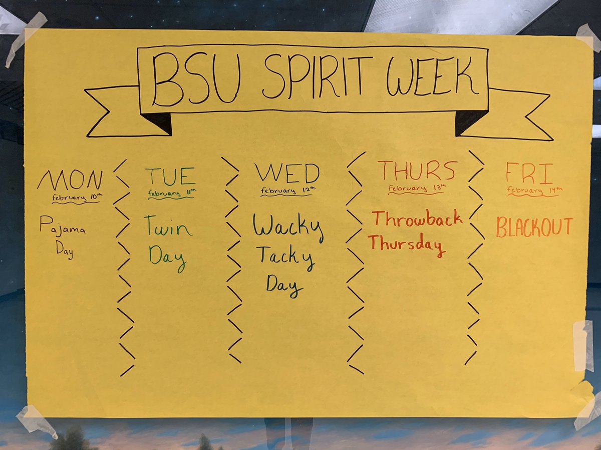 In honor of Black History Month, the BSU is doing a spirit week next week! We would love for people to show their spirit!