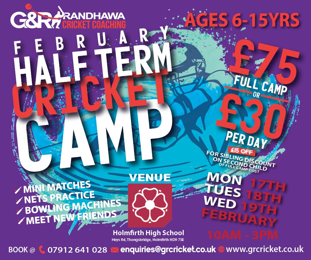 GR_CRICKET's tweet photo. 🏏G&R|Feb Camp🚨
•
🙌10 DAYS TO GO🙌
•
Are you looking for something to do for the kids this feb half term⁉️🤔
•
📍@CentreHolmfirth
•
BOOK NOW⤵️
https://t.co/XuRGmhh0T1
•
#teamGR🔥
#halftermcricket🏏 https://t.co/y9i21OSEBp