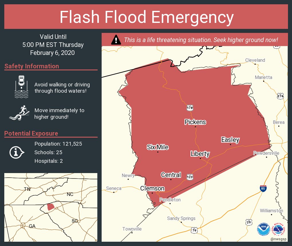 Flash Flood Emergency continues for Easley SC, Clemson SC, Central SC until 5:00 PM EST