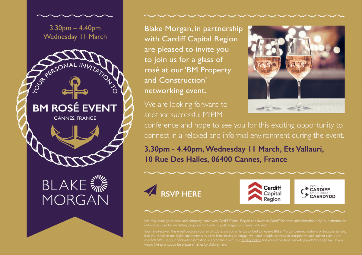 BlakeMorganLLP's tweet photo. We are delighted to invite you to our BM Property and Construction Rosé networking event in Cannes, France on 11 March in partnership with #CardiffCapitalRegion. Looking forward to #MIPIM20 and connecting at Ets Vallauri. Book your place here:  https://t.co/3Xwmmn7pCZ https://t.co/aarTaC94t6
