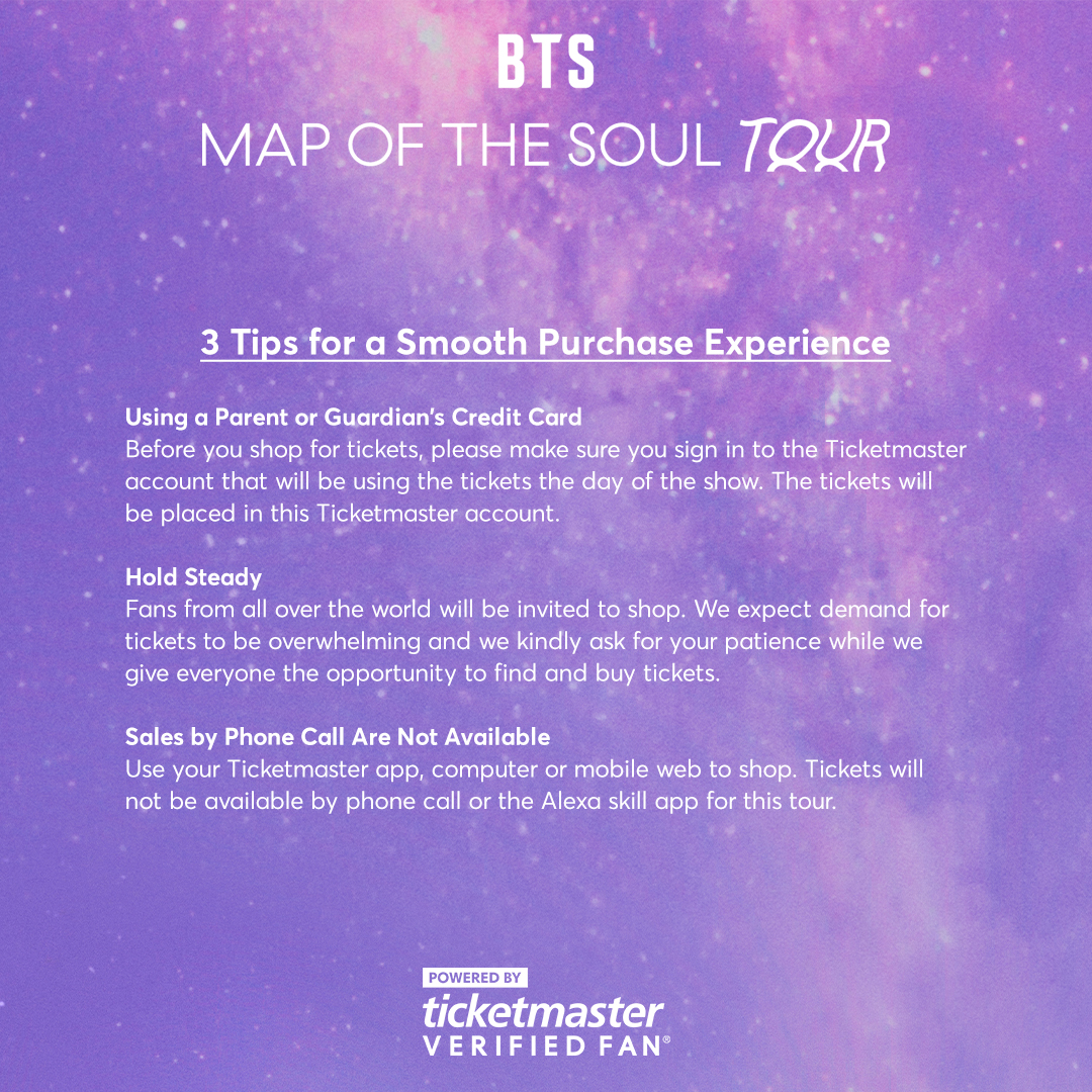 تويتر ticketmaster fan support على تويتر attn bts army ready for the general verified fan pre sale arrive at 2 30 pm local venue time and here is what you need to