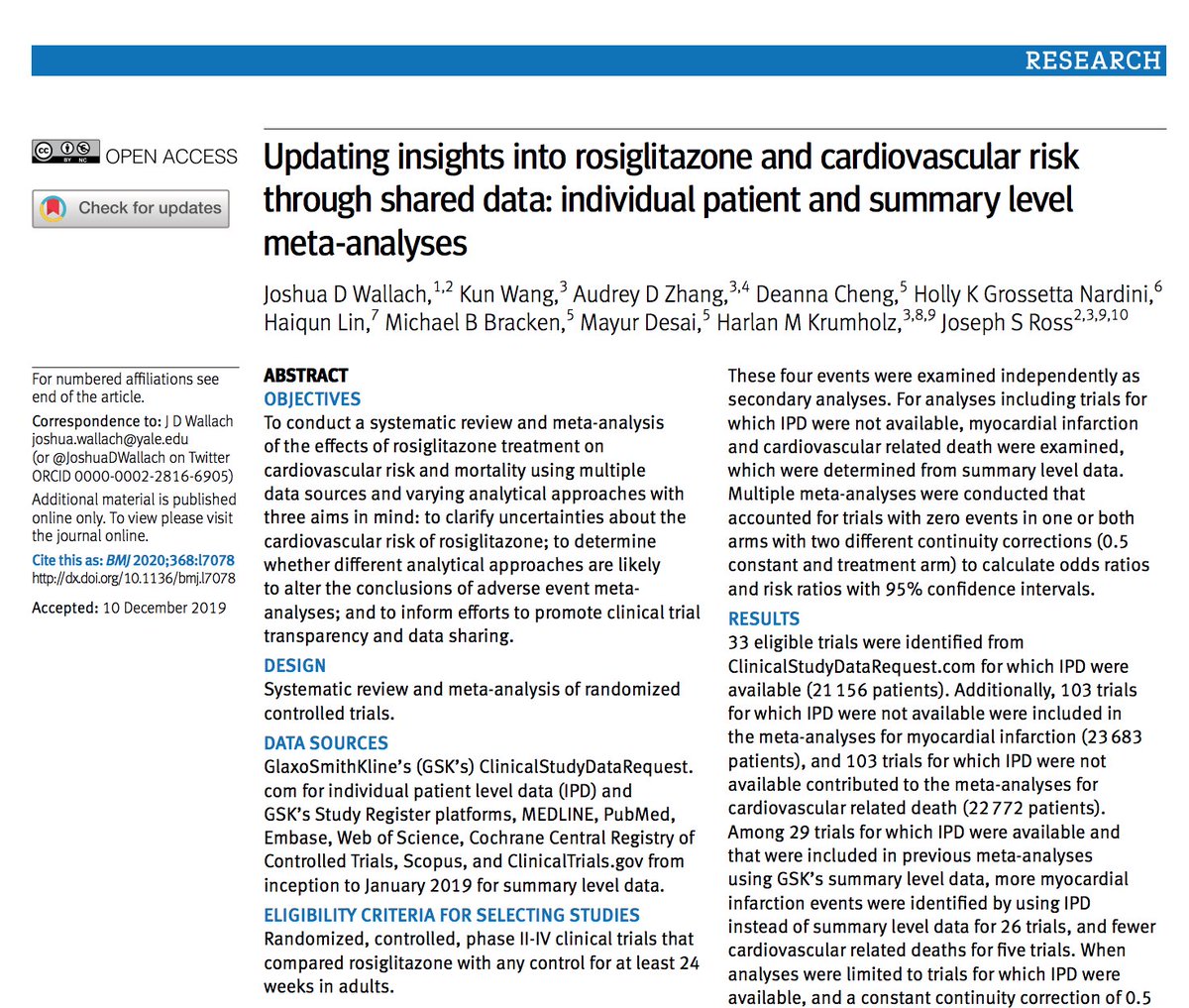 Today, our paper updating insights into #Avandia and cardiovascular (cv) risk was published in <a href="/bmj_latest/">The BMJ</a> 

For this study, we wanted to:

1. Clarify cv uncertainties
2. Apply different analytical approaches
3. Understand the power of shared data

1/9

bmj.com/content/368/bm…