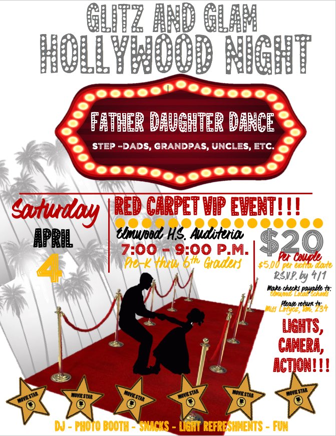 MrsKing_EHS's tweet photo. Save the Date! The “Glitz & Glam Hollywood Night: Father Daughter Dance” is just around the corner!!!
Who: VIP PreK-6th Grade Girls and a special date! 💃🏼🎶 💃🏼
When: Saturday, April 4th 2020
Time: 7-9p in H.S. Auditeria!
Please R.S.V.P. by 4/1! 💃🏼🎶 💃🏼
#RedCarpetVIP https://t.co/M2RzQPZGge