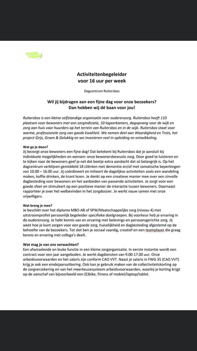Cynthiadj's tweet photo. Super mooie vacature Activiteitenbegeleider bij Ruitersbos voor 16 uur per week! https://t.co/gIYlpzaEKF